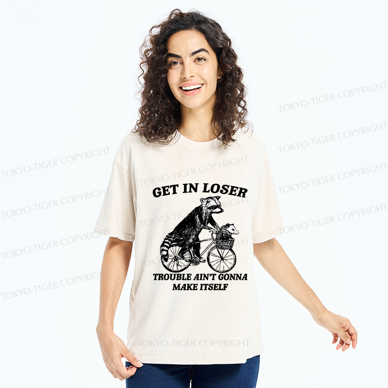 Tokyo-Tiger Raccoon On A Bicycle Washed T-Shirt