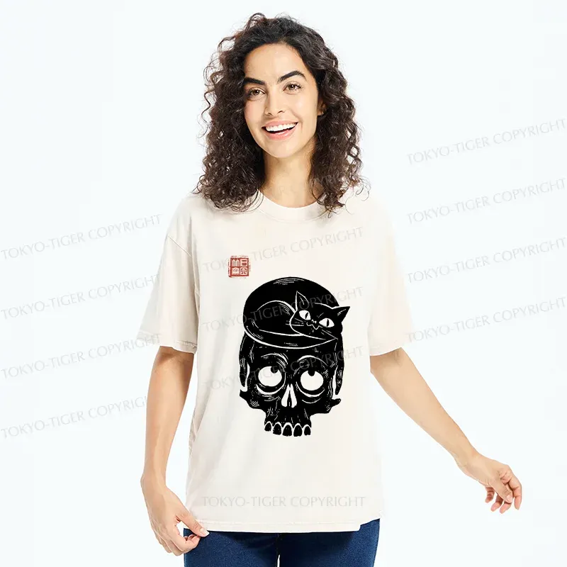 Tokyo-Tiger Woodcut Cat And Skeleton Washed T-Shirt