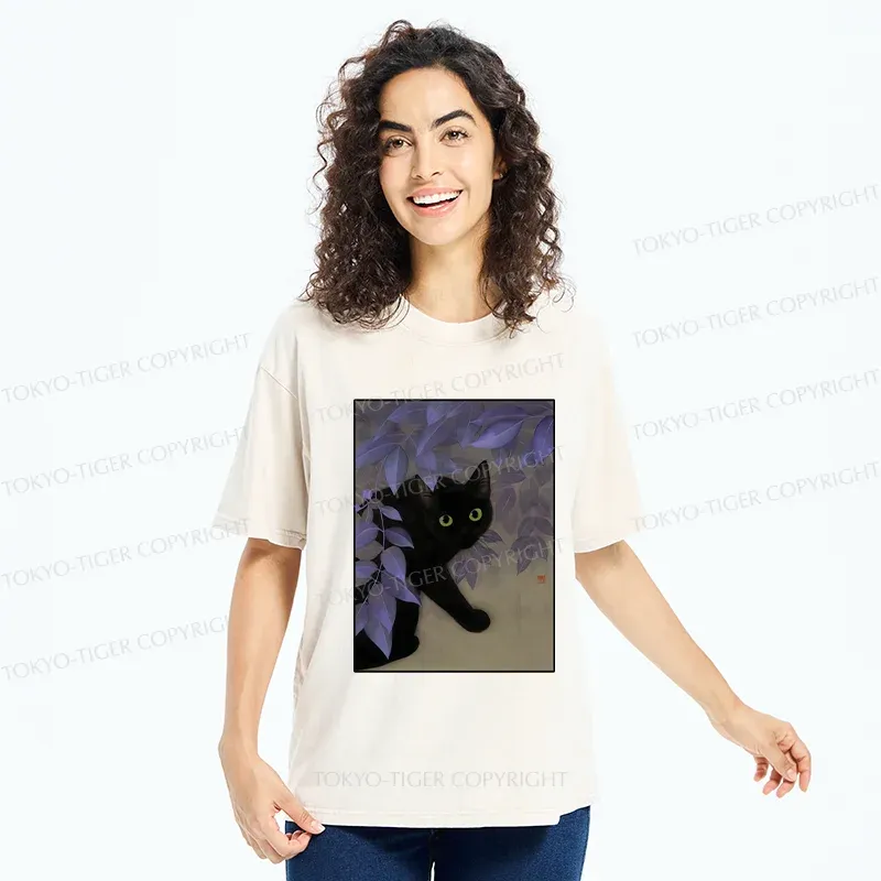 Tokyo-Tiger Cat Under The Flowers Washed T-Shirt