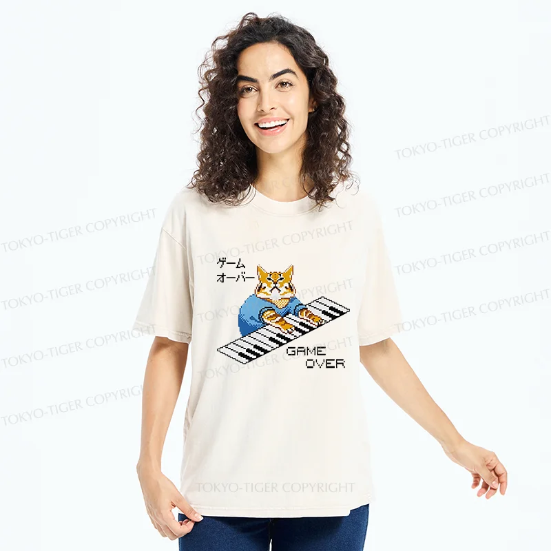 Tokyo-Tiger Cat Playing The Piano Washed T-Shirt