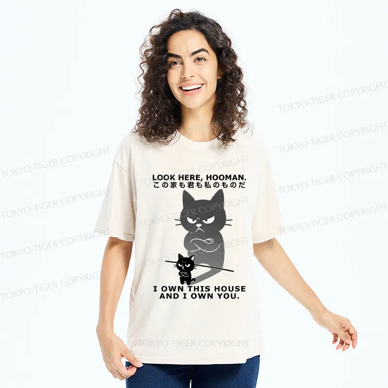 Tokyo-Tiger Funny Look here, hooman-Cat meme Washed T-Shirt