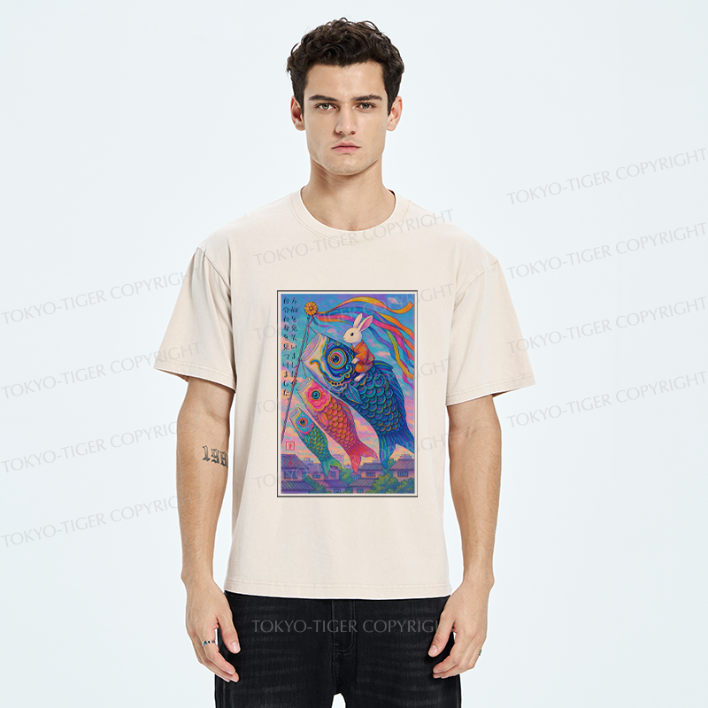 Tokyo-Tiger Ukiyoe Rabbit Ride Carp streamer Poster Washed T-Shirt