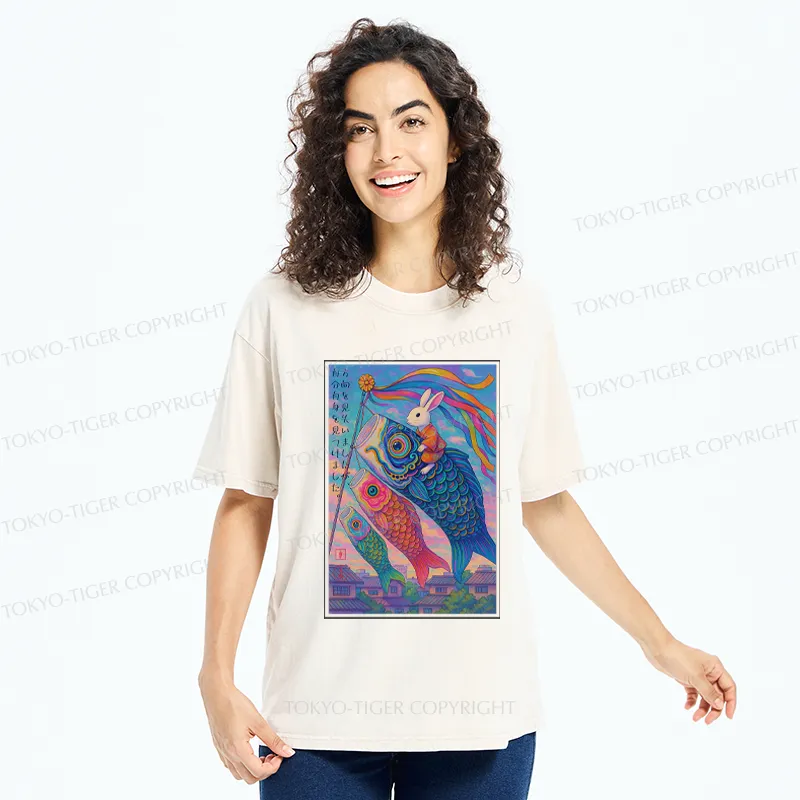 Tokyo-Tiger Ukiyoe Rabbit Ride Carp streamer Poster Washed T-Shirt