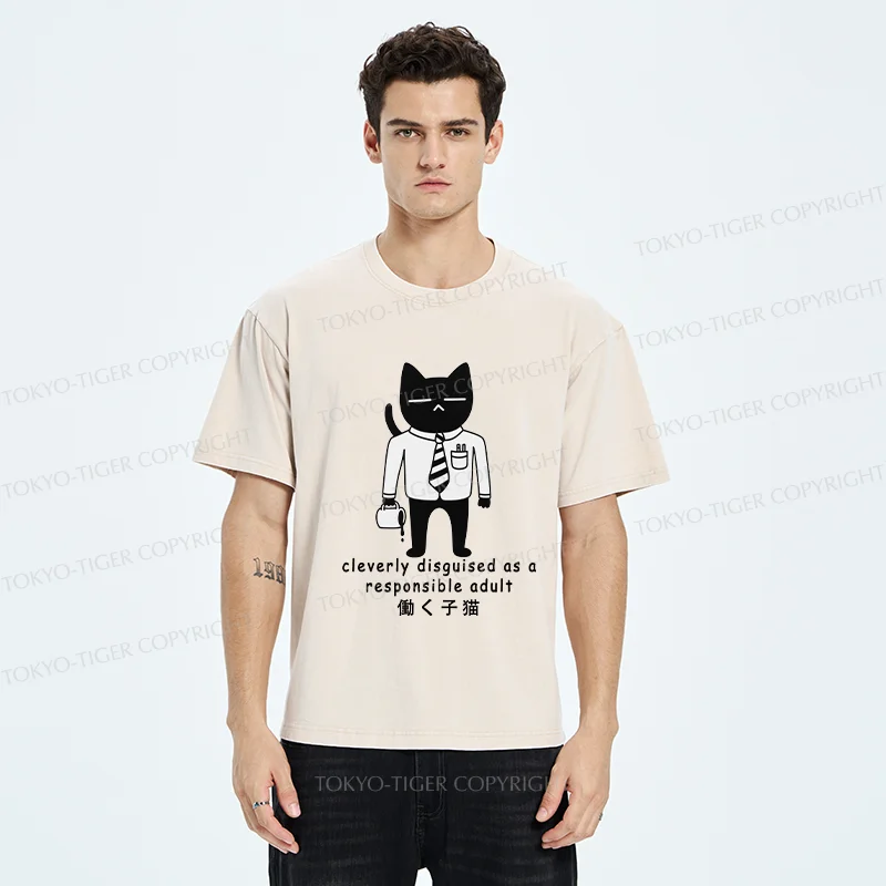 Tokyo-Tiger Cat At Work Washed T-Shirt