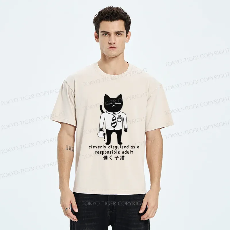 Tokyo-Tiger Cat At Work Washed T-Shirt