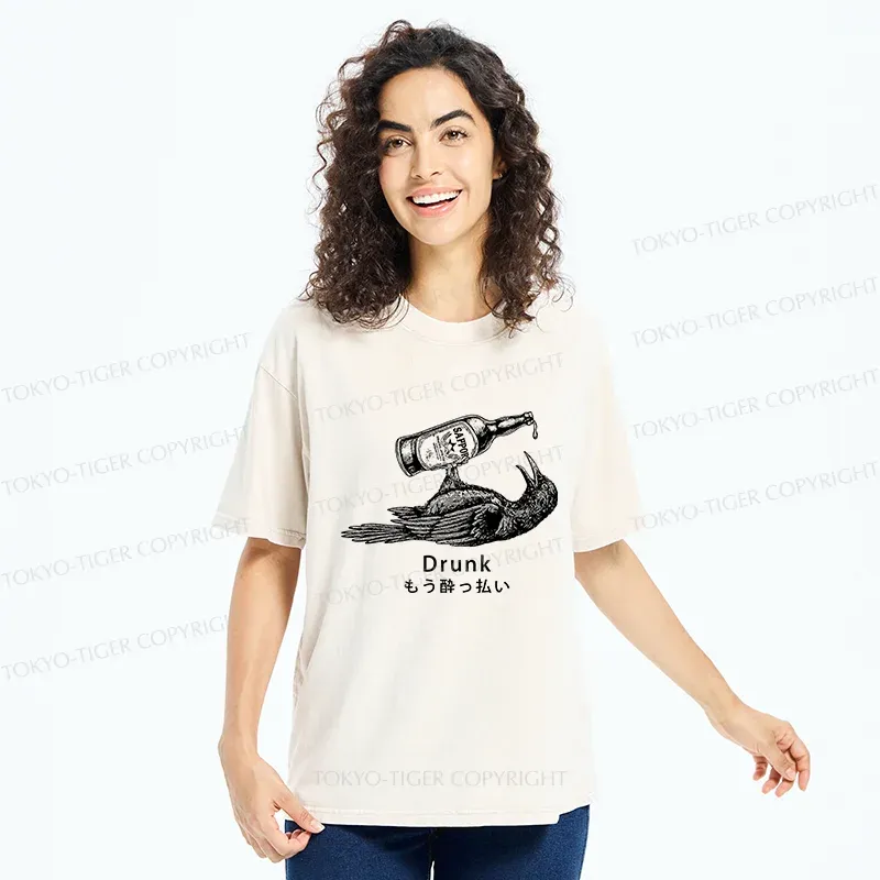 Tokyo-Tiger Drinking Crow Washed T-Shirt