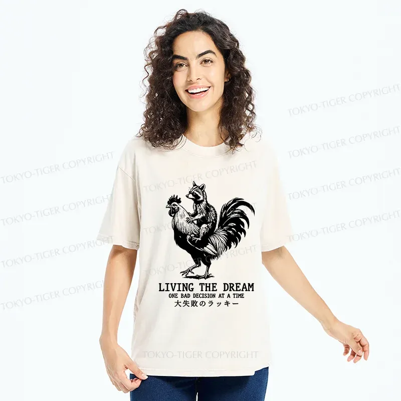 Tokyo-Tiger Raccoon Riding A Chicken Washed T-Shirt