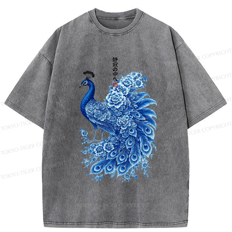 Tokyo-Tiger The Elegance Of An Ink-Wash Peacock Washed T-Shirt