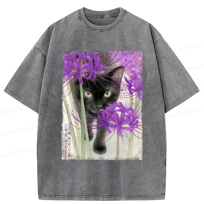 Tokyo-Tiger A Cat Among The Flowers Washed T-Shirt