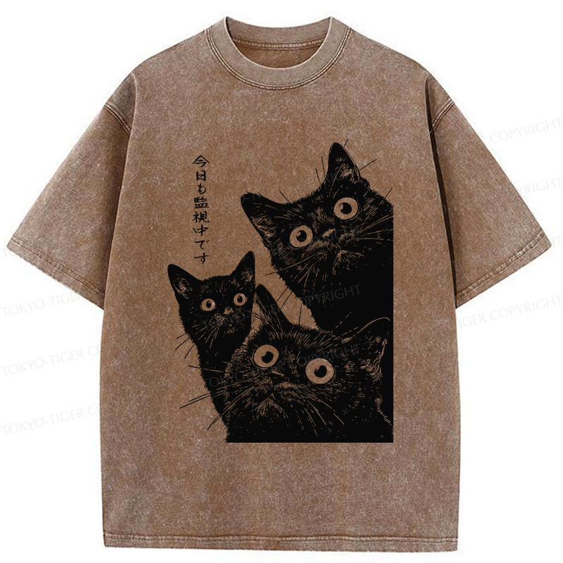 Tokyo-Tiger Three Cats Are Watching You Today Washed T-Shirt