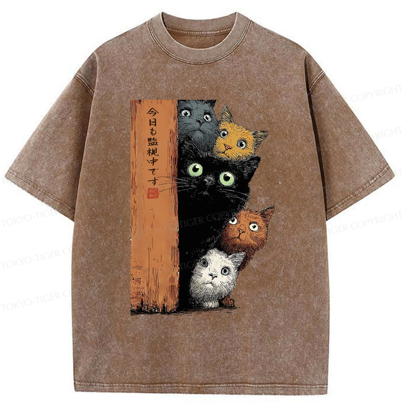 Tokyo-Tiger Five Cats Are Watching You Washed T-Shirt