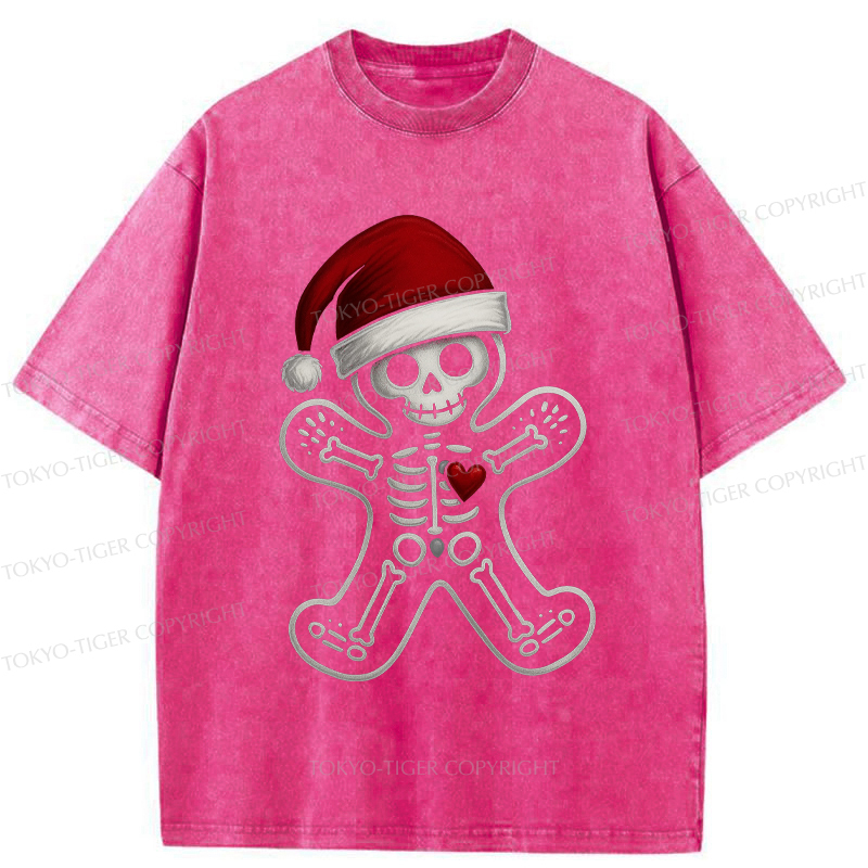 Tokyo-Tiger Funny Christmas Skull Gingerbread Man Washed T-Shirt