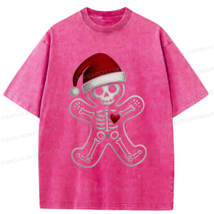 Tokyo-Tiger Funny Christmas Skull Gingerbread Man Washed T-Shirt