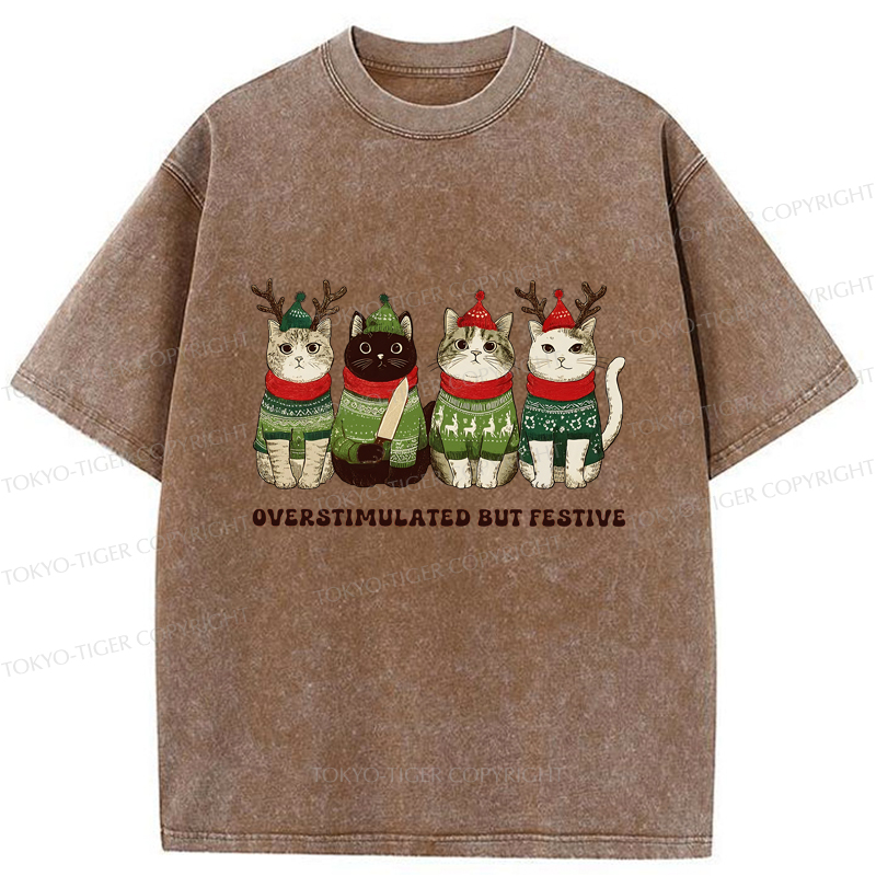 Tokyo-Tiger Overstimulated But Festive Cat Christmas Washed T-Shirt