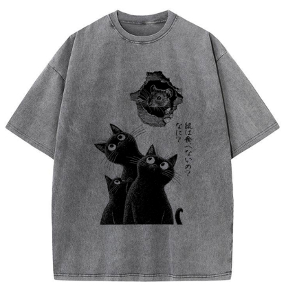 Tokyo-Tiger Cats And The Curious Mouse Washed T-Shirt