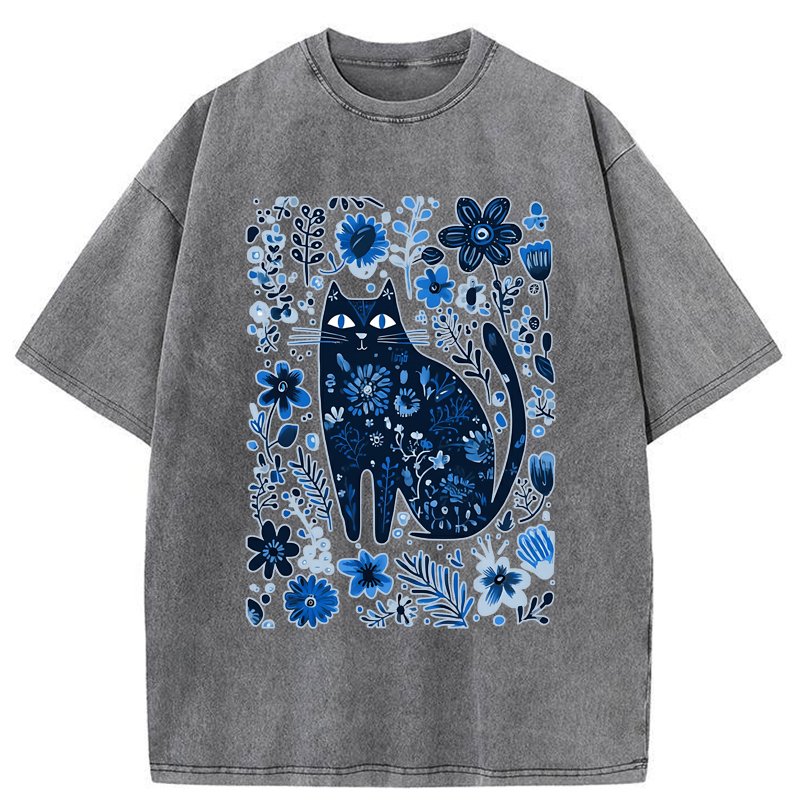 Tokyo-Tiger A Cat Among Flowers Washed T-Shirt