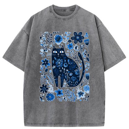 Tokyo-Tiger A Cat Among Flowers Washed T-Shirt
