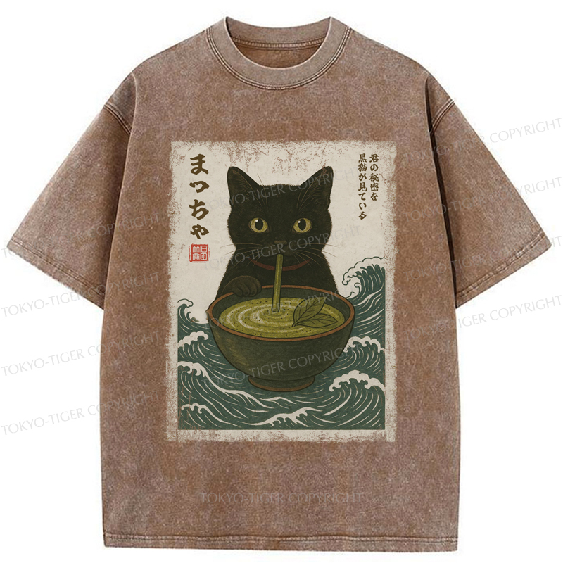 Tokyo-Tiger Black Cat and Matcha with Waves Washed T-Shirt