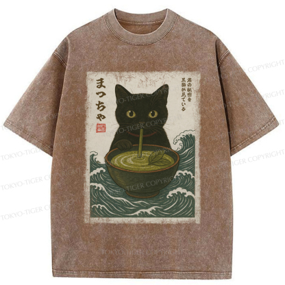 Tokyo-Tiger Black Cat and Matcha with Waves Washed T-Shirt