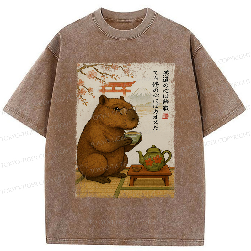 Tokyo-Tiger Tea Time With a Capybara Washed T-Shirt