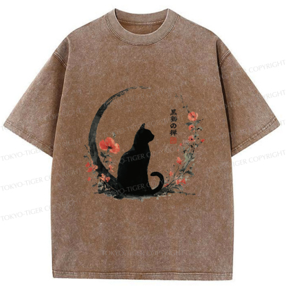 Tokyo-Tiger Black Cat And Flowers Washed T-Shirt