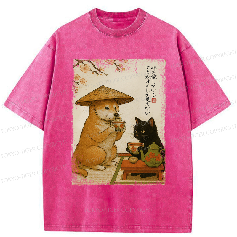 Tokyo-Tiger Tea Time with Shiba Inu and Black Cat Washed T-Shirt