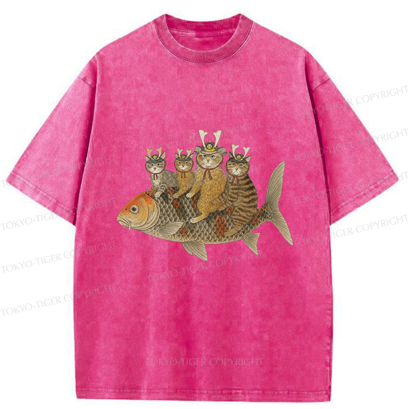 Tokyo-Tiger Funny Samurai Cat Riding a Fish Washed T-Shirt