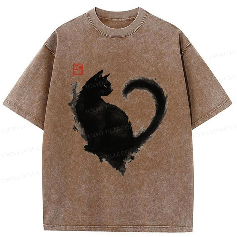Tokyo-Tiger Funny Heart-Shaped Ink Cat  Washed T-Shirt