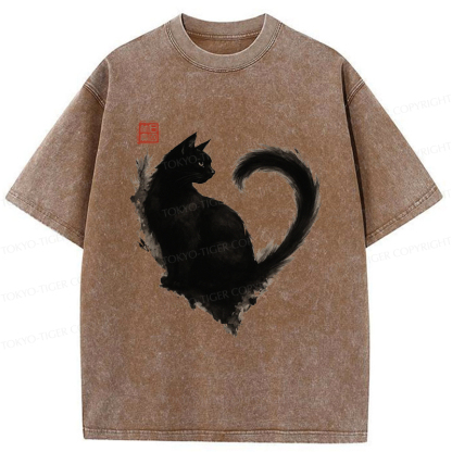 Tokyo-Tiger Funny Heart-Shaped Ink Cat  Washed T-Shirt