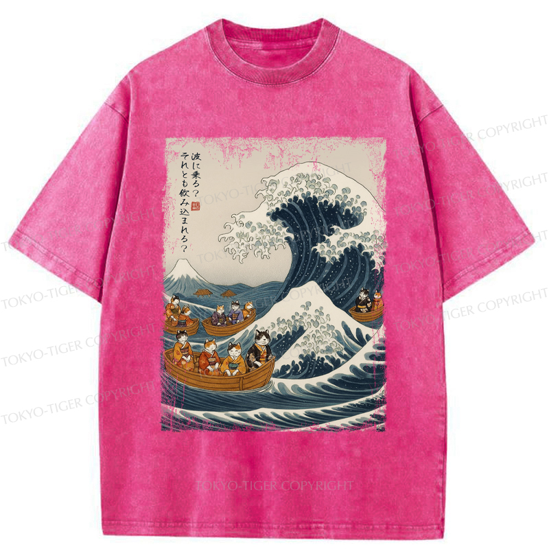 Tokyo-Tiger Japanese Cat Surfing Ukiyo-e Washed T-Shirt