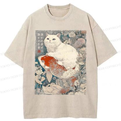 Tokyo-Tiger Japanese Cat Koi Fish Washed T-Shirt
