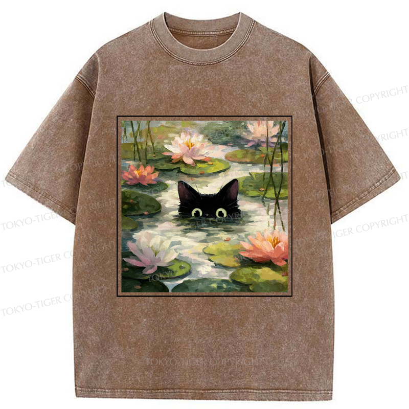 Tokyo-Tiger Black Cat and Lotus Flower Washed T-Shirt