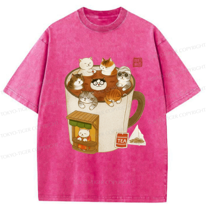 Tokyo-Tiger Funny Cat Brewing Tea Washed T-Shirt