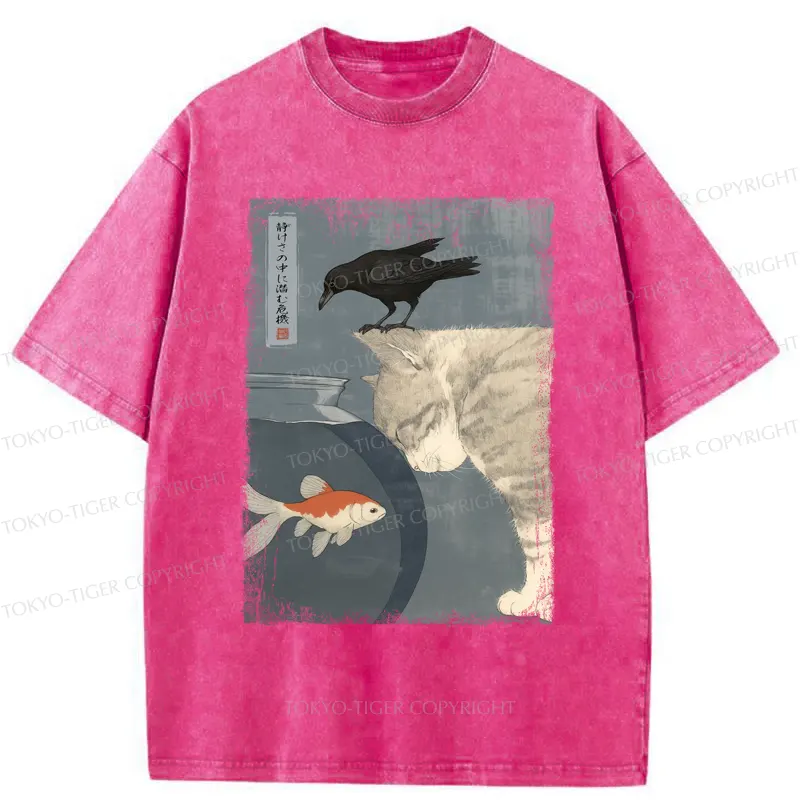 Tokyo-Tiger Crow And Cat Watching Fish T-Shirt