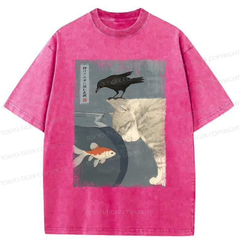Tokyo-Tiger Crow And Cat Watching Fish T-Shirt