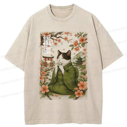 Tokyo-Tiger The Tea Ceremony Cat That Expects Nothing  Washed T-Shirt