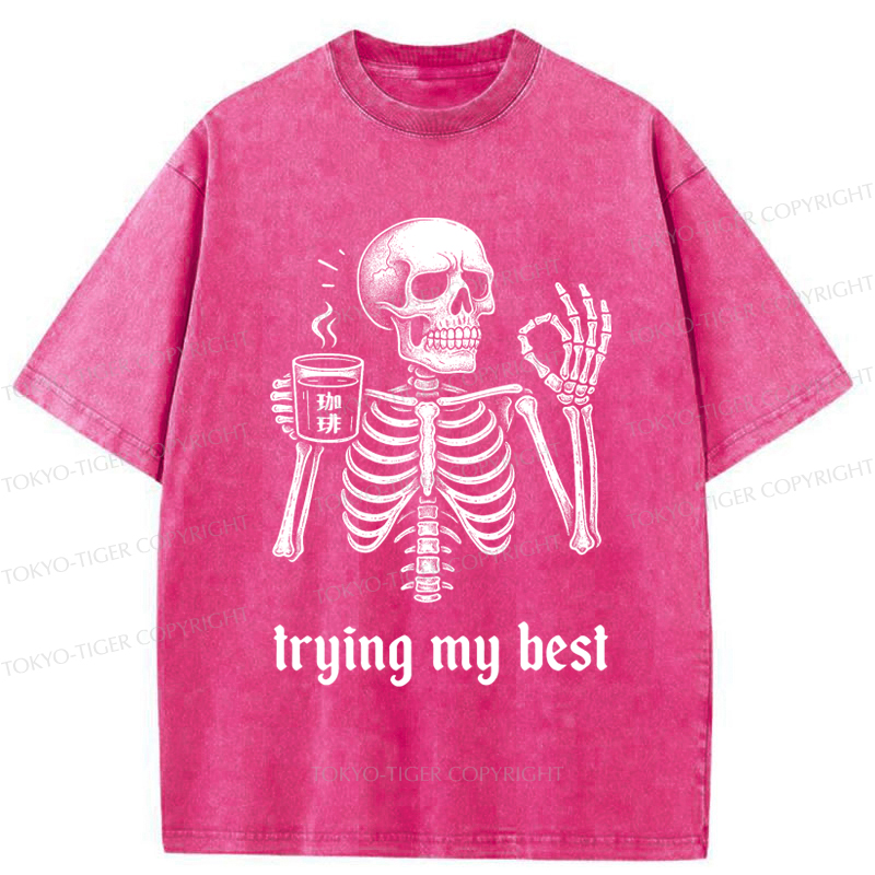 Tokyo-Tiger Skull Trying His Best  Washed T-Shirt
