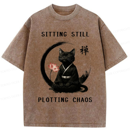 Tokyo-Tiger Sitting still  plotting chaos Calming Zen Cat Funny Washed T-Shirt