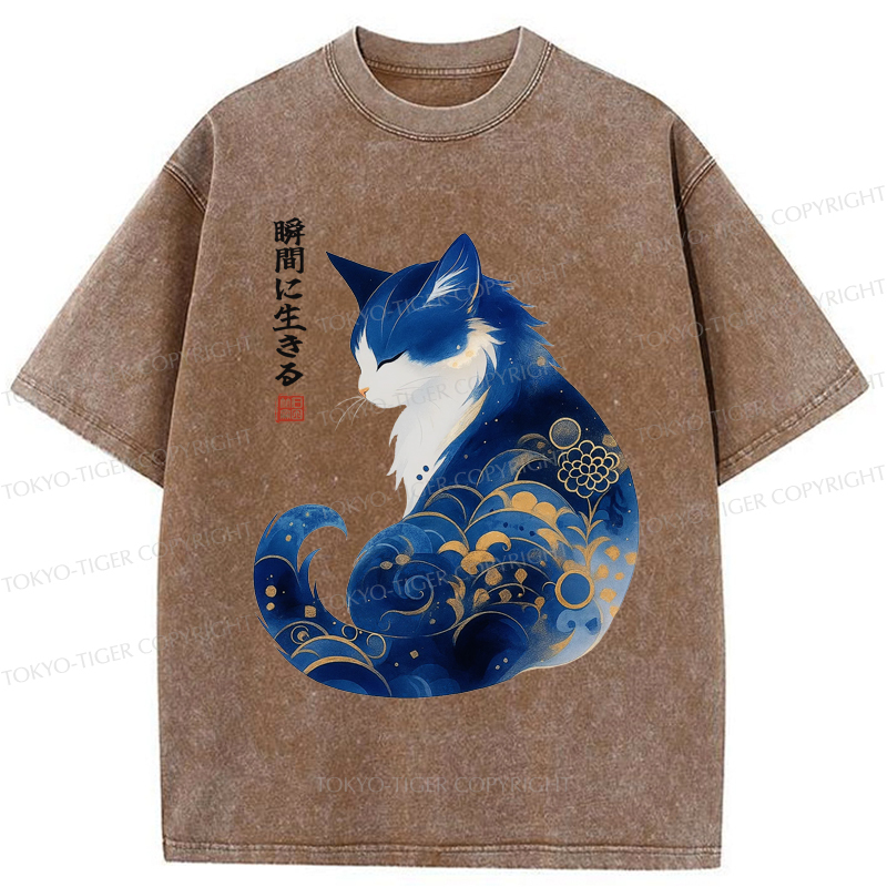 Tokyo-Tiger Retro Zen Cat: Living the Present Washed T-Shirt