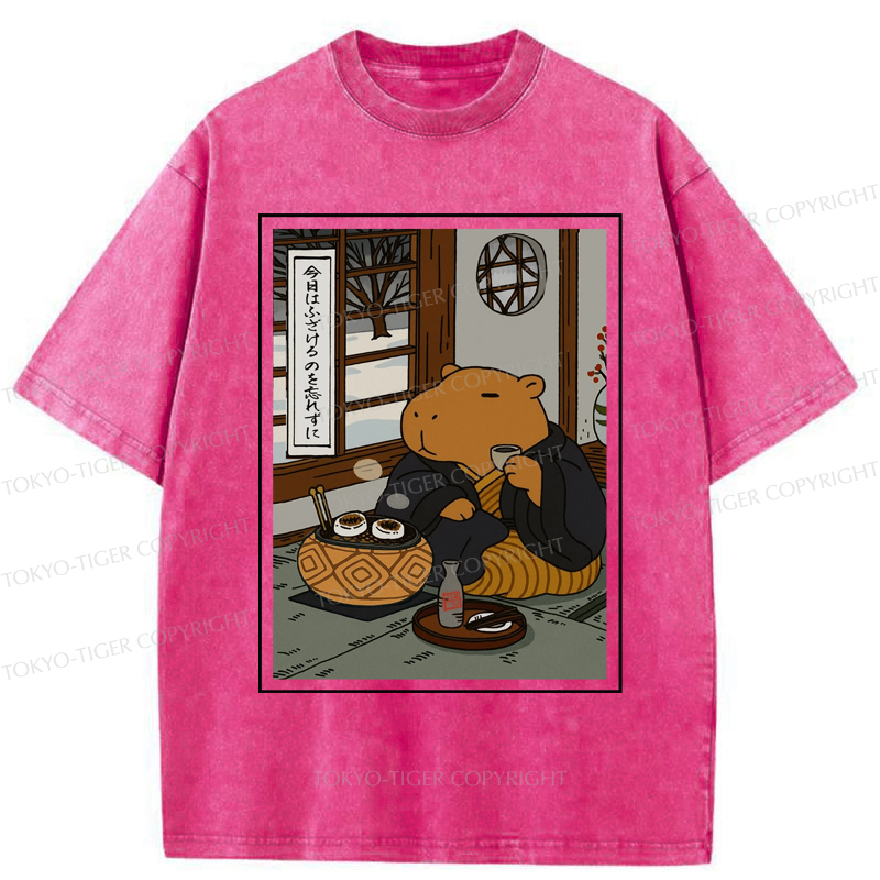 Tokyo-Tiger The Silly Capybara is Drinking Tea Zen Washed T-Shirt