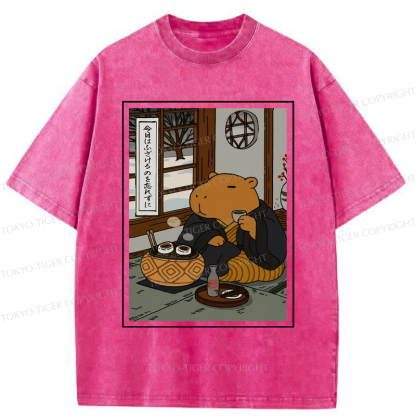 Tokyo-Tiger The Silly Capybara is Drinking Tea Zen Washed T-Shirt