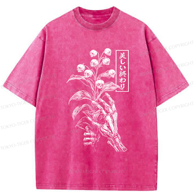 Tokyo-Tiger Funny Halloween Skull Flower Washed T-Shirt