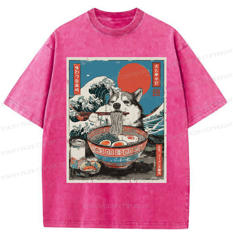 Tokyo-Tiger Ukiyo-e Style: A Funny Dog Eating Ramen Washed T-Shirt