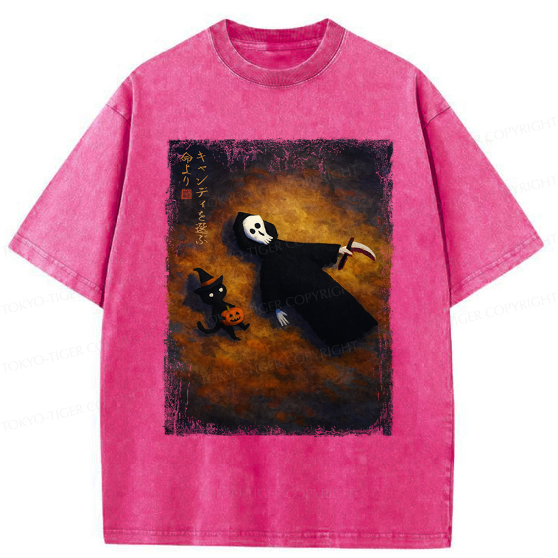Tokyo-Tiger Skeleton And Cat Choose Candy Over Life On Halloween Washed T-Shirt