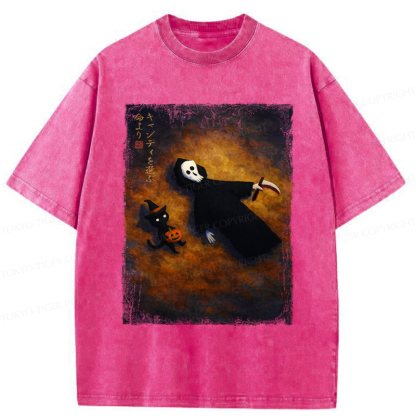 Tokyo-Tiger Skeleton And Cat Choose Candy Over Life On Halloween Washed T-Shirt