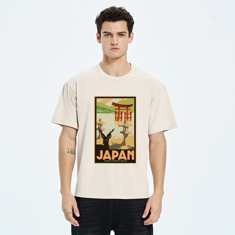 Tokyo-Tiger Japanese Deer And Scenery Washed T-Shirt