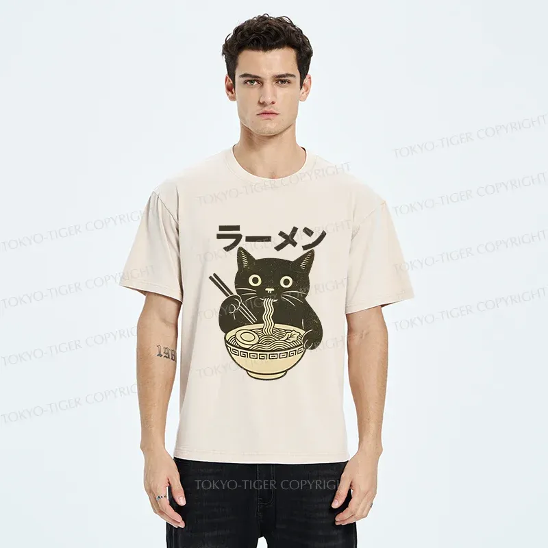 Tokyo-Tiger Simple Black Cat Eating Ramen Washed T-Shirt