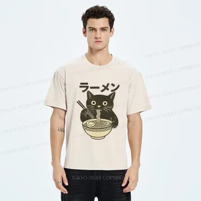 Tokyo-Tiger Simple Black Cat Eating Ramen Washed T-Shirt