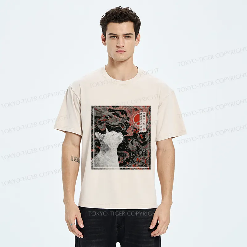 Tokyo-Tiger Vintage Japanese Smoking Cat Washed T-Shirt