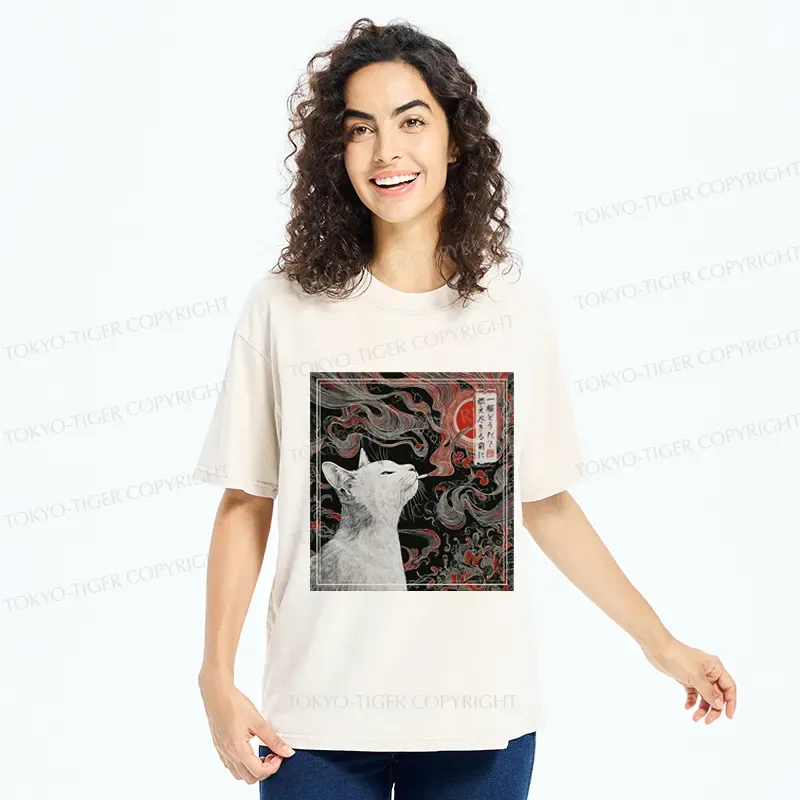 Tokyo-Tiger Vintage Japanese Smoking Cat Washed T-Shirt